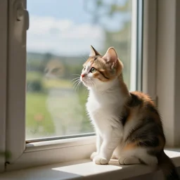 cute calico kitten looking out of the window on a [ [ [ [ beautiful ] ] ] ] summer day, storybook art, detailed, cute, profile shot, featured on artstationg, gorgeous!!!