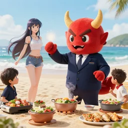 4 5 mm 1 9 8 7 cooking food photography of an corporate mascot at a beach summoning an anime demon girl, photography by johfra bosschart tyler mitchell