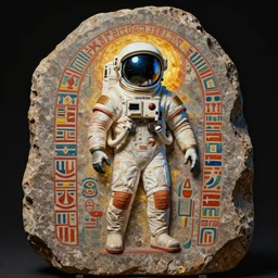 aztec astronaut god glyph, pigment on stone
