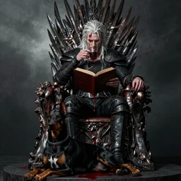 Bloodrayne is sitting on a throne drinking blood and reading a book, with a Doberman dog lying at her feet
