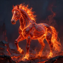 a stunning digital painting of a horse made of lava with a mane and tail made of fire by greg rutkowski, volumetric light, digital art, fine detail, photorealistic