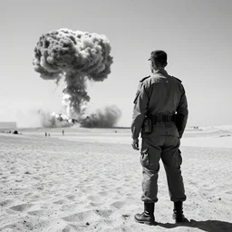 soldier in the desert black and white 3 5 mm photo. there is a nuclear explosion in the back ground far away