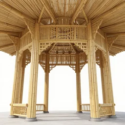 inside small pavilion made of bamboo. complex vaulting structure with many thin columns. architectural photography. coronarender, 4 k, 8 k. volumetric lighting.