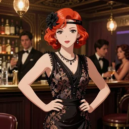 portrait of a beautiful girl with red hair dressed in 1920's fashion, speakeasy bar background, rich vivid colors, ambient lighting, dynamic lighting, 4k, HQ, official media, anime key visual, makoto shinkai, ilya kuvshinov, lois van baarle, rossdraws, detailed, trending on artstation