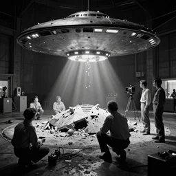 Scientists examine UFO wreckage in a secret hangar, 1970s, hidden camera, black and white photo