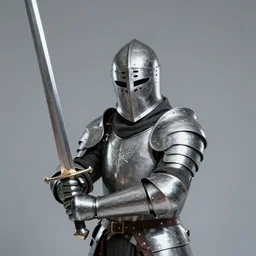 a masked warrior in silver armour, wearing a tall, conical helmet clutching a sword
