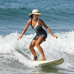 award wining photo of a woman dressed in cocktail dress, hat, and heels on a surfboard riding a wave, very detailed, accurate face, 4 k, dramatic pose