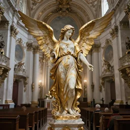 a beautiful rococo chapel with a carved marble and gold statue of an angel with wings spread looking down over the congregation, hyperrealism, photorealistic, ethereal, cinematic, dramatic lighting, 8 k, by craig mullins and jeremy mann