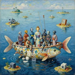 impressionist painting / one catfish - like ship made of garbage on the floating sea of small islands. in the center of the painting, / eight humanoid robots wearing kimonos are posing on the ship / various instruments floating in the sea