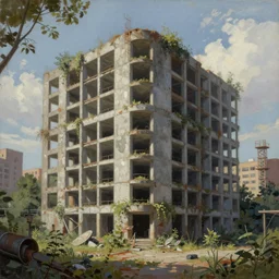a beautiful photorealistic painting of urbex exhibitions gallery building unfinished building city architecture nature by ralph mcquarrie, gem tron wilderness, archdaily, wallpaper, highly detailed, trending on artstation.