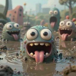 of an intricate muddy lake water with strange cute friendly happy creatures with huge eyes, long tongue, round teeth and goofy funny face, appearing from the background, in the style of gehry and gaudi, macro lens, shallow depth of field, ultra detailed, digital painting, trending artstation, concept art, illustration, cinematic lighting, photorealism, epic, octane render