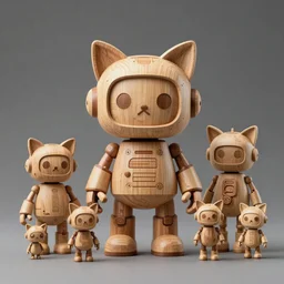 8k octan advertising photo, a totally wooden sculpture collection art toys on feet, very cute robot zen with cat ears, cyberpunk a contemporary