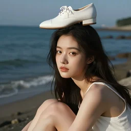 a white shoe on top of the head of a girl sitting by the shore, photograph