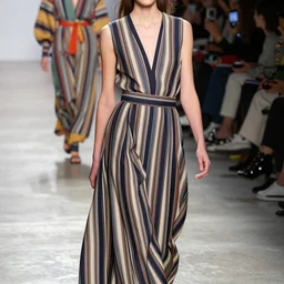 model wearing vertical stripes and dramatic palazzo pants on the runway. major glow - up. new variations of color give relaxed cuts and structure. couture. high fashion. fashion week