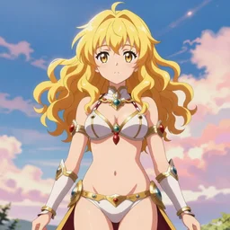 isekai colorful sky cute bikini valkyrie anime girl with curly blonde hair, regal armor. symmetrical face. symmetrical detailed defined eyes. beautiful lineart. bokeh pixiv # 1 ranking depth focus, chromatic aberration, noise, soft lighting, srgb, 4 k, cinematic rembrant kuvshinov ross tran john sargent leyendecker wlop guweiz