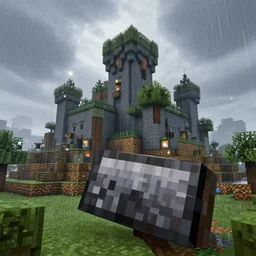 minecraft with rtx, hyper realistic, rain, castle