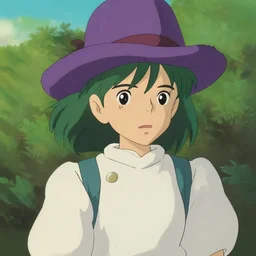 studio ghibli, girl, green hair, purple hat, miyazaki