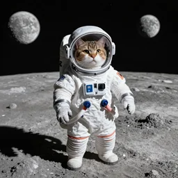A cat wearing a spacesuit on the moon.