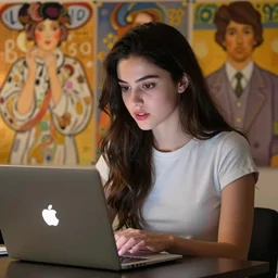 a nice girl that is a kind of goddess of google adds in front of a apple laptop, cinematic and dramatic, 8 k, crisp lines, sharp edges, vibrant colors by artgerm, cushart krenz, greg rutkowski, mucha and norman rockwell