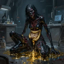 realistic detailed realism painting of a sci - fi lab, dark night, black onyx skin horror zombie female body dressed in rags exposed guts crawling in two legs and dripping golden metalic fluid from intestine into a puddle of golden liquid on the floor. - s 2 7 3 8 9 0 7 4 1 3