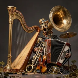 a complex whimsical musical instrument trumpet trombone harp violin accordion guitar drum cymbal