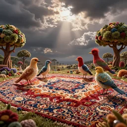 exotic carpetbirds in the magic Fluffy 3d Persian Carpet dimension, everything is carpet and 3d, birds and trees, surreal, photorealistic concept art, immense detail, epic, striking