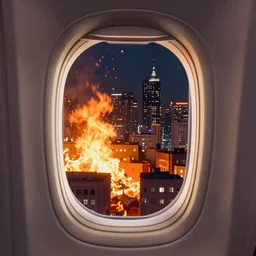 passenger looking city on fire at window in airplane, LiXin Yin, trending on artstation