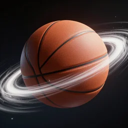 a leather basketball with comet trails zipping through space, hyper realistic, 8 k, trending on artsation