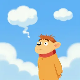 flat cel shaded cartoon, curled blue sky fluffy curled clouds, smoke shaped clouds, from lorax