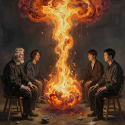 fission and fusion as allegory for human relations, photorealistic by michael komarck, greg rutkowski, victo ngai, artgerm, willem claesz heda and j. dickenson