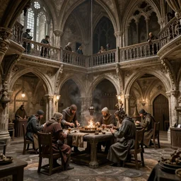 medieval craftsmen working inside a medieval building, hypermaximalistic, high details, cinematic, 8k resolution, beautiful detailed, insanely intricate details, artstation trending, octane render, unreal engine