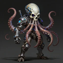 a biopunk skull face skeleton octopus!!! cyborg warrior, apex legends character art, symbiosis, intricate and ornate alien technology, bioluminescence, bloom, dim rim lighting, by victor grasso and scott musgrove, anton semenov h. r. giger and tooth wu, digital illustration, concept art, cg society