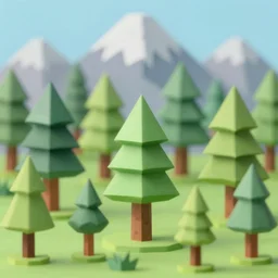 a forest of 3d low poly trees with the mountains in the background, high quality, mobile game