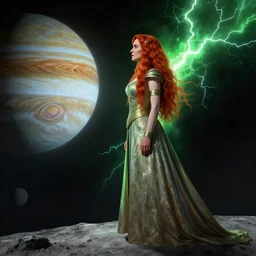 a highly detailed matte painting of christina hendricks as a red haired martian princess, standing on the moon titan and looking at jupiter, viewed in profile, crackling green lightning, ultrawide lens, art by artgerm and greg rutkowski and alphonse mucha, volumetric lighting, octane render, 4 k resolution, trending on artstation, masterpiece