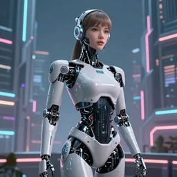 hyper detailed ultra sharp of a beautiful woman robot boss, futuristic city with neon lights in the background, sky sended by god. behance hd by jesper ejsing, by rhads, makoto shinkai and lois van baarle, ilya kuvshinov, rossdraws radiating a glowing aura global illumination ray tracing hdr, 8 k