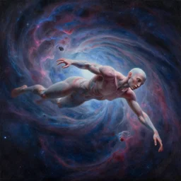 a beautiful space humanoid swimming in a nebula painting by artgerm and alex grey and wes anderson and spike jonze, trending on artstation