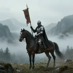 a movie still frame, a knight riding on a horse and holding a banner, foggy, mountain landscape, movie concept art, digital art, artstation,