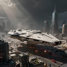 a single large spaceship seen from the surface of a busy metropolis, star wars digital art, trending on art station