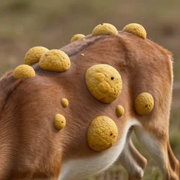 An antelope with many large prominent yellowish round skin tumors of various sizes growing on its back. Concept art, octane render, tumors, extremely high detail, details, hyperrealism, cinematic, 8k, depth of field