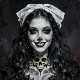 an attractive beautiful smiling fancy undead skull lady with with a handkerchief on the head by dan mumford and gil elvgren