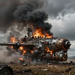 an immense steampunk aircraft carrier crashed and burning in a field, thick black smoke billowing, turbulent storm clouds, dystopian, sharp focus, octane render, imax