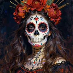 illustration of a sugar skull day of the dead girl, art by maxfield parrish