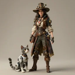 a portrait beautiful steampunk woman and her cute robot cat standing beside her by mario testino, long hair, aged 2 5, slovenian, wearing a travel hat, photo realistic, real life, octane render, trending on artstation