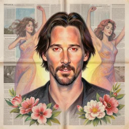 a handmade collage portrait painting with newspapers of a drawing of keanu reeves, red eyes, high detailed, flowers, retro style painting, retro pastel colored palette, grain and texture, dancing heads, illustration, oil pastel drawing, symetrical, in the middle, looking to camera, high shoulders, gradient lighting at the back, sharp teeth, red paint stains, extremely elegant drawing, looking straight, lens correction, sharp focus, 8 k