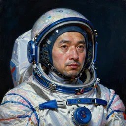 a neoclassicist close - up portrait of a single ussr space cosmonaut, high reflective spacesuit and helmet. detailed textures, deep blue and pink tones, gloomy dark black background. highly detailed fantasy science fiction portrait painting by mikhail vrubel and chris cunningham. rich colors, high contrast.