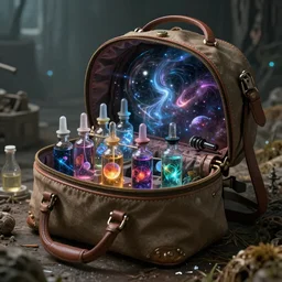 in a  surreal futuristic setting, anl ancient doctor's bag open with  ampoules that contain universes, space storms and alien worlds.full of details, hyper realistic, trending on artstation, 8K, HD