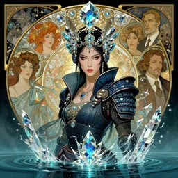 portrait of a cyberpunk samurai woman, emerging from the water, fantasy, regal, fractal crystal, fractal gems, by stanley artgerm lau, greg rutkowski, thomas kindkade, alphonse mucha, loish, norman rockwell.