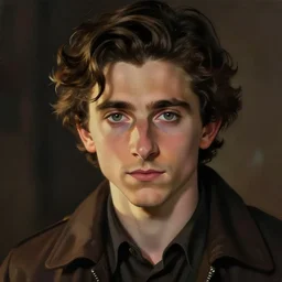 timothee chalamet as an archivist, close up, rim lighting, portrait, sinister atmospheric lighting. highly detailed painting by greg rutkowski, anime style