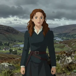 portrait of claire fraser from outlander, scottish highlands landscape, ambient lighting, 4k, anime key visual, lois van baarle, ilya kuvshinov, rossdraws, artstation