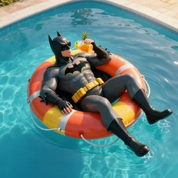 full body photo of batman, he is lying over a colorful life preserver and relaxing while he is floating over a giant pool, he is drinking an exotic pineaple drink and wearing sunglasses, by jim lee, aerial view, stock photo, golden hour, high detail, unreal engine 5, trending on artstation